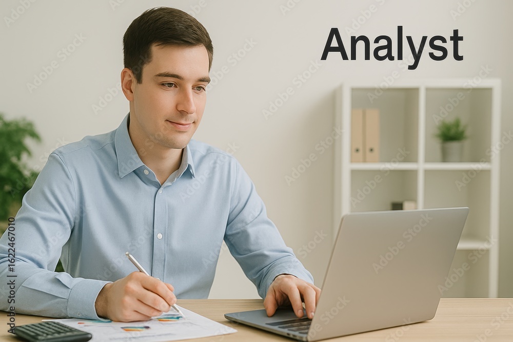 Poster young male analyst at work reviewing data on laptop while taking notes in modern office environment 