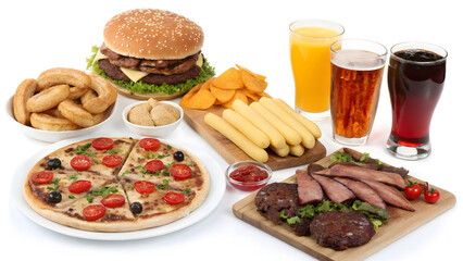 Unhealthy Fast Food Spread Burger Onion Rings French Fries Pizza Drinks and Meats on White Background