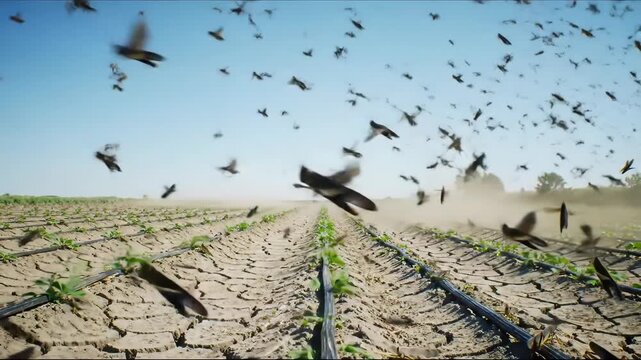 Locusts swarm over dry field during daytime