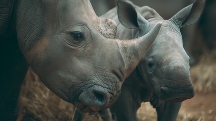 Fototapeta premium Close-up of a female rhinoceros with her young calf in a serene setting.