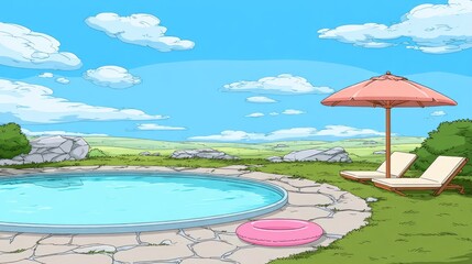 Outdoor swimming pool scene with chaise lounges and an umbrella.