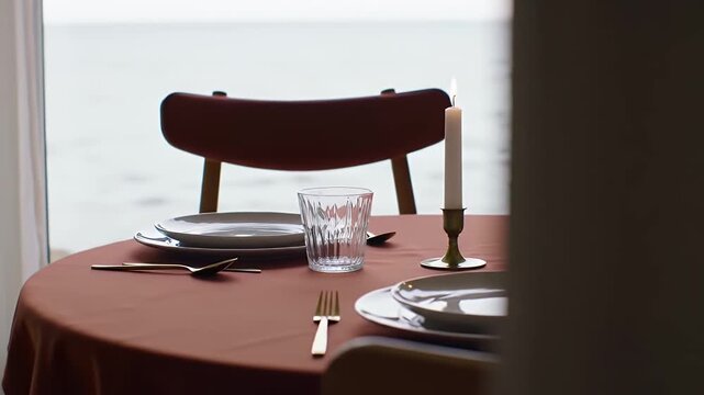 Sophisticated Table Setting Featuring Burgundy Cloth Golden Cutlery And Candle With Ocean View