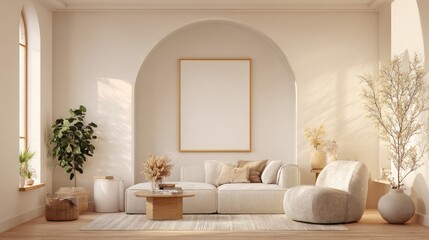 Naklejka premium Minimalist living room with white sofa, wood floors, arched entry, and natural light