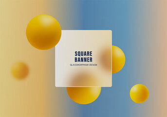 Glassmorphism square banner with yellow spheres on gradient background