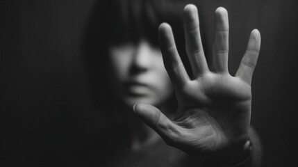 Obraz premium A person stands defiantly in a dark environment, raising their hand to signal a boundary while conveying a powerful message against harassment. The focus is on their determined expression