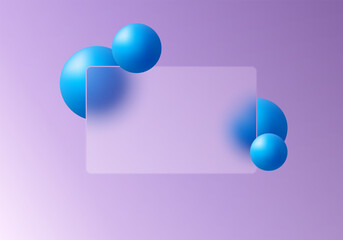 Glassmorphism rectangular banner with blue spheres on purple gradient background