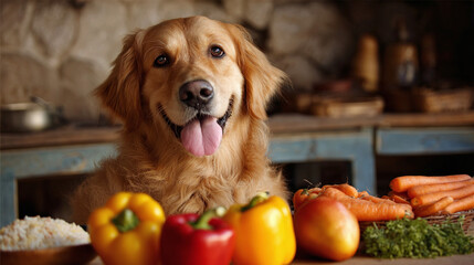 Golden Retriever with Colorful Vegetables: A happy golden retriever dog sits amongst fresh produce, looking directly at the camera with an eager expression.