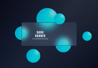 Dark rectangular banner with glowing blue spheres on black background