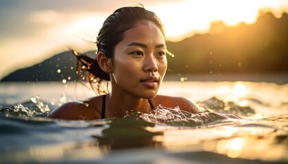 Woman floats in calm water, sunset glow on her face