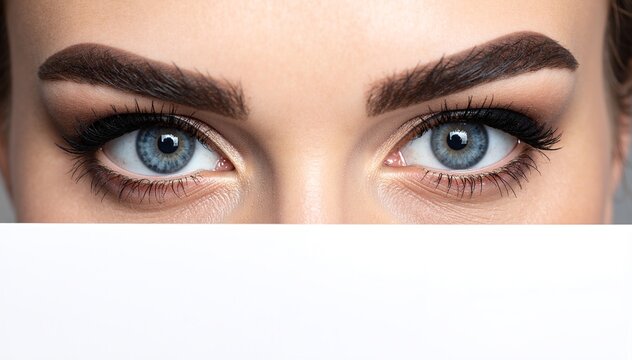 A woman with striking blue eyes framed by long, lush eyelashes, exuding a captivating charm and elegance, her gaze both inviting and mysterious.