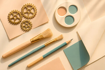 Art brushes, teal pencils, and golden gears on creamy white paper with warm lighting