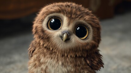 Obraz premium A cute, fluffy brown owl with big, expressive eyes, looking curiously at the viewer.