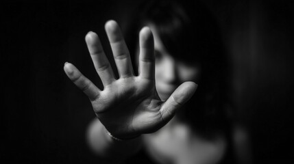 Fototapeta premium A person stands defiantly in a dark environment, raising their hand to signal a boundary while conveying a powerful message against harassment. The focus is on their determined expression