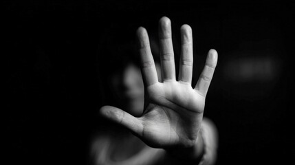 A person stands defiantly in a dark environment, raising their hand to signal a boundary while conveying a powerful message against harassment. The focus is on their determined expression