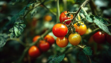Close-up of red and yellow tomatoes on vine