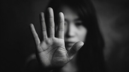 A person stands defiantly in a dark environment, raising their hand to signal a boundary while conveying a powerful message against harassment. The focus is on their determined expression