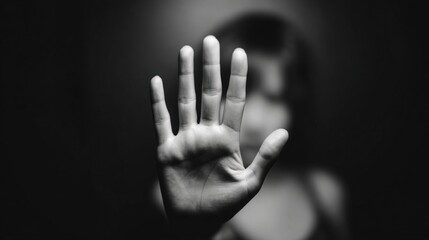 A person stands defiantly in a dark environment, raising their hand to signal a boundary while conveying a powerful message against harassment. The focus is on their determined expression