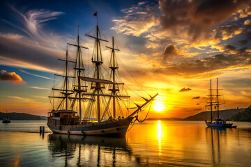 Fototapeta premium Majestic tall ship sails on calm water during a vibrant sunset with dramatic clouds reflecting in the ocean
