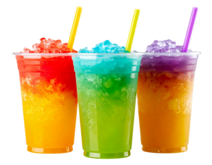 Colorful Rainbow Slushies in Clear Cups with Straws on White Background