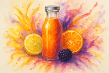 Watercolor illustration of citrus juice bottle with lemon, orange, and blackberry on vibrant splash