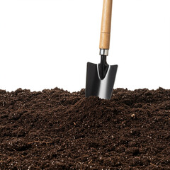 Garden Shovel in Soil Ready for Planting Isolated on White Background, 8K.