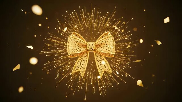 Golden Decorative Bow Tie with Radial Light Streaks on Black Background for Festive Celebrations