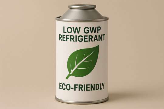Eco-Friendly Low GWP Refrigerant Can with Leaf Symbol on Neutral Background