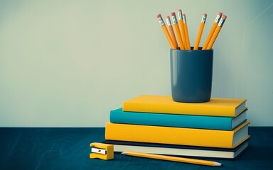 Fototapeta premium Essential School Supplies for a Successful Academic Year Featuring Pencils Books and a Sharpener Providing Tools for Learning and Creativity