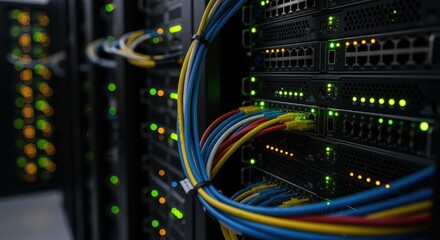 Closeup on blinking network equipment inside rows of organized data center racks.