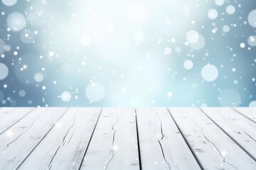 White Wooden Table Top with Gentle Snowfall and Bokeh Background