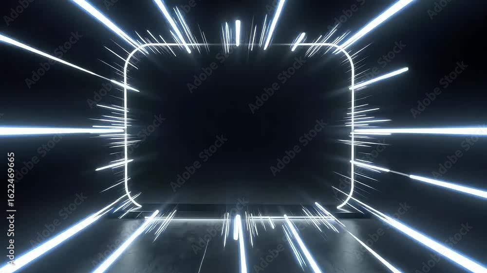 Poster sleek white neon frame glows dynamically on a dark stage with subtle particle effects, perfect for m
