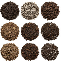 Photorealistic Soil Samples: Diverse Textures and Colors Isolated on White. 