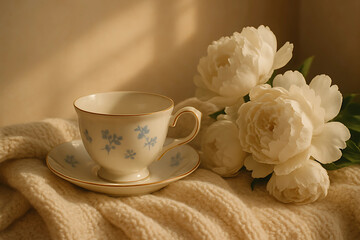 Vintage tea cup with floral print next to white peonies and cozy blanket in warm lighting