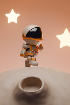 3d cartoon astronaut exploring asteroid with glowing stars in space