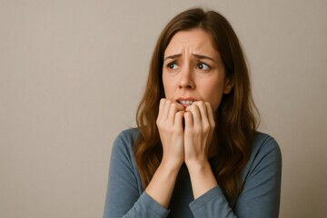 Worried woman biting her nails showing anxiety and stress