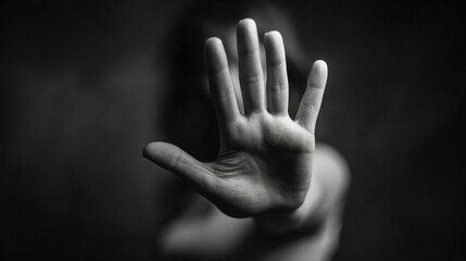 A person stands defiantly in a dark environment, raising their hand to signal a boundary while conveying a powerful message against harassment. The focus is on their determined expression