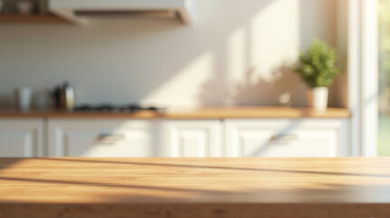 Wood tabletop in modern Scandinavian style kitchen with blurred cabinets, warm sunlight, and cozy home decor elements