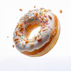 Delicious Glazed Donut with Sprinkles and Cereal Bits in mid air A sweet treat