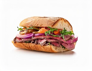 Delicious Roast Beef Sandwich on Ciabatta Bread with Red Onion Pickles and Arugula