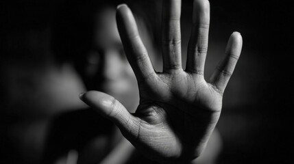 Fototapeta premium A person stands defiantly in a dark environment, raising their hand to signal a boundary while conveying a powerful message against harassment. The focus is on their determined expression
