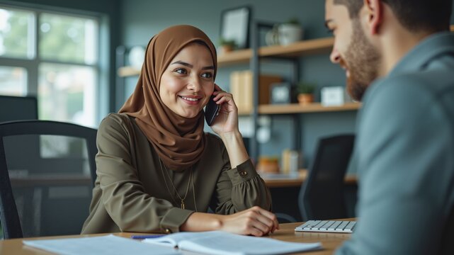 Muslim woman talking by phone while working in office