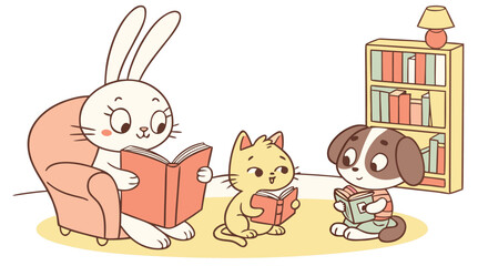 Cute Animal Characters Enjoying Storytime Vector Art