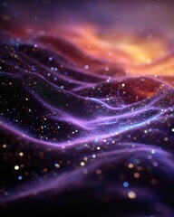 Abstract, vibrant, glittery waves of dark purple, gold, and orange