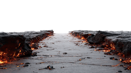 A natural path formed by flowing lava on rocky terrain, emitting bright orange and red heat from molten material.
