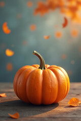 Bright orange pumpkin sits on rustic wooden surface, surrounded by soft light and falling autumn leaves
