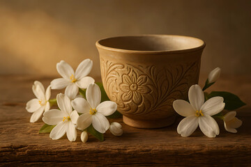 Rustic floral-engraved clay mug with jasmine flowers on wooden surface in warm light