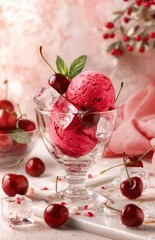  A glass bowl of cherry ice cream, surrounded by fresh cherries and ice cubes on the white marble tabletop, against a pink and red background. This is a commercial photography image.