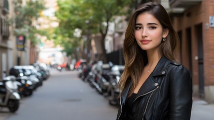 Fototapeta premium Stylish Woman in Leather Jacket City Street Portrait