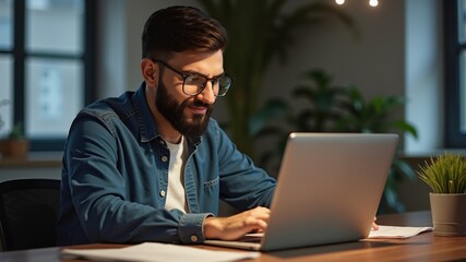 Unhappy attractive millennial muslim male with beard is sad at workplace and looks at laptop in home office
