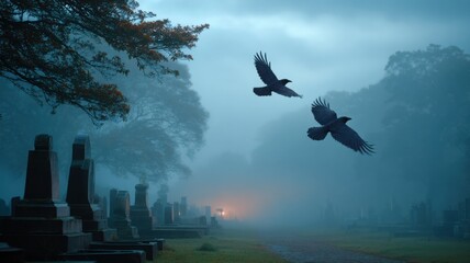 Foggy cemetery and crooked tombstones